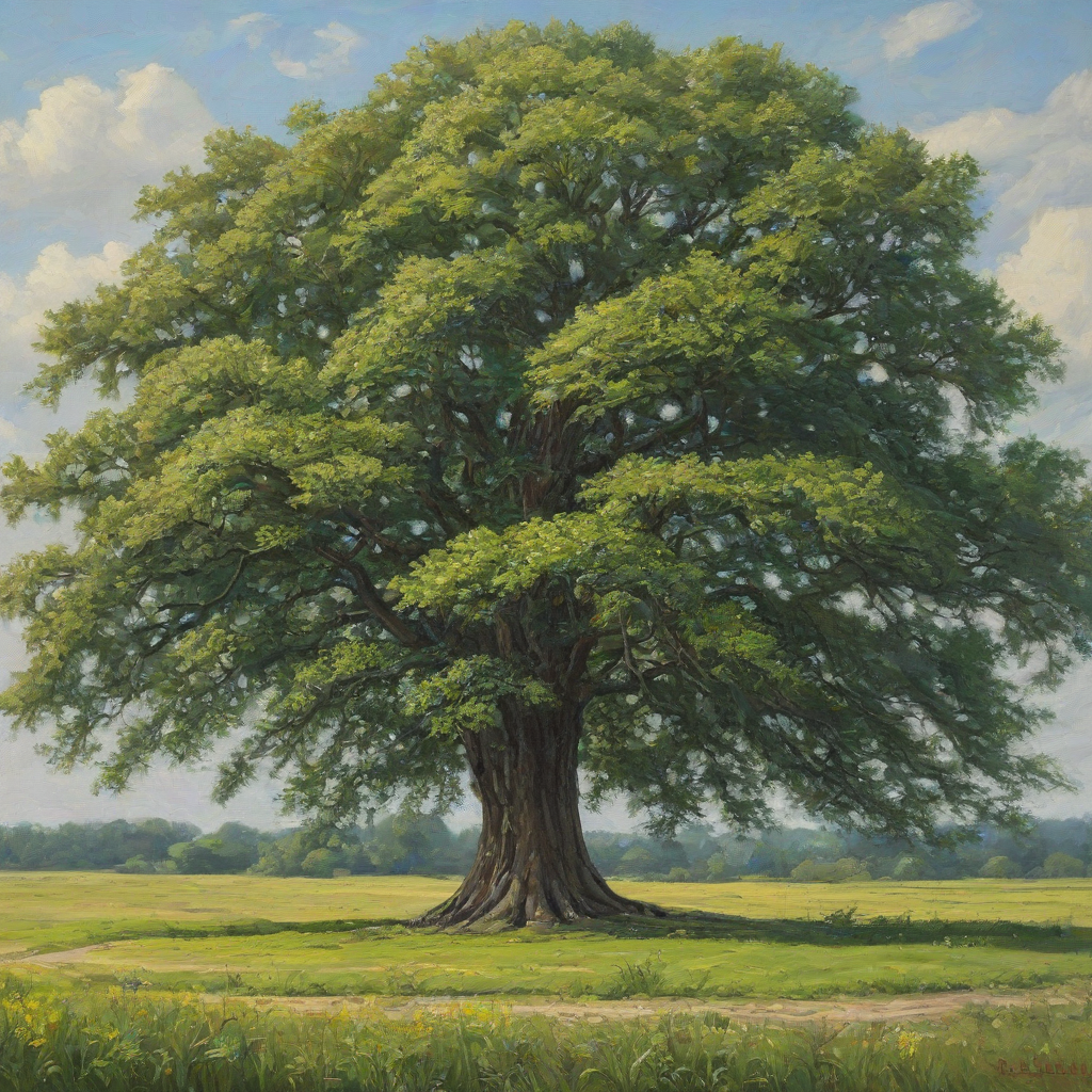 Oil painting of a large tree in a field