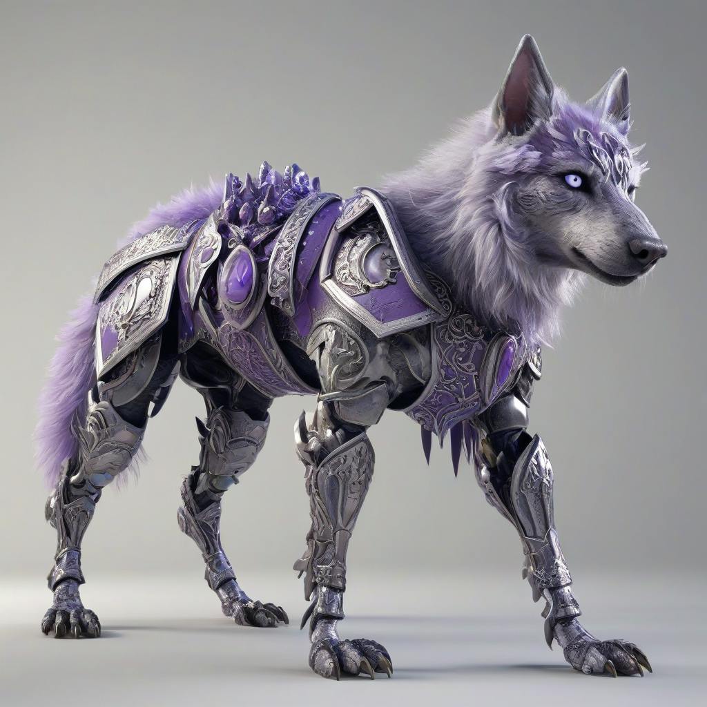 A full-body view of a quadruped, with a lavender grey fur coat, adorned with intricate Gothic-inspired armor plating, set against a plain white background, with dramatic lighting and dynamic shadows, in a digital art style with a mix of medieval and futuristic elements, with the quadruped's feet visible and its body posed in a powerful stance., on a plain white background, even lighting