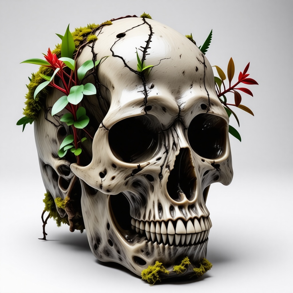 an old skull covered with moss and plants