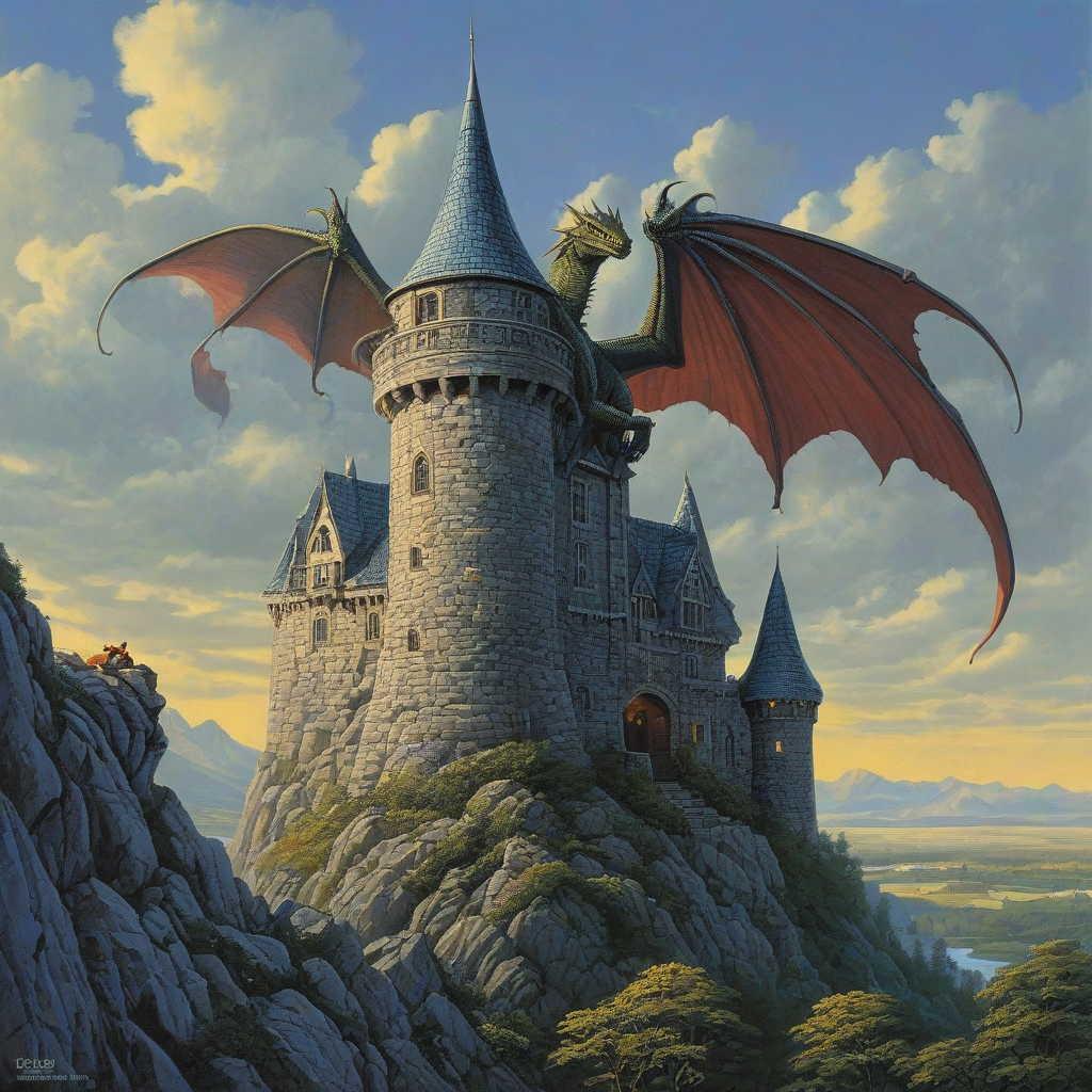 Michael Whelan style castle turret tower with dragon climbing