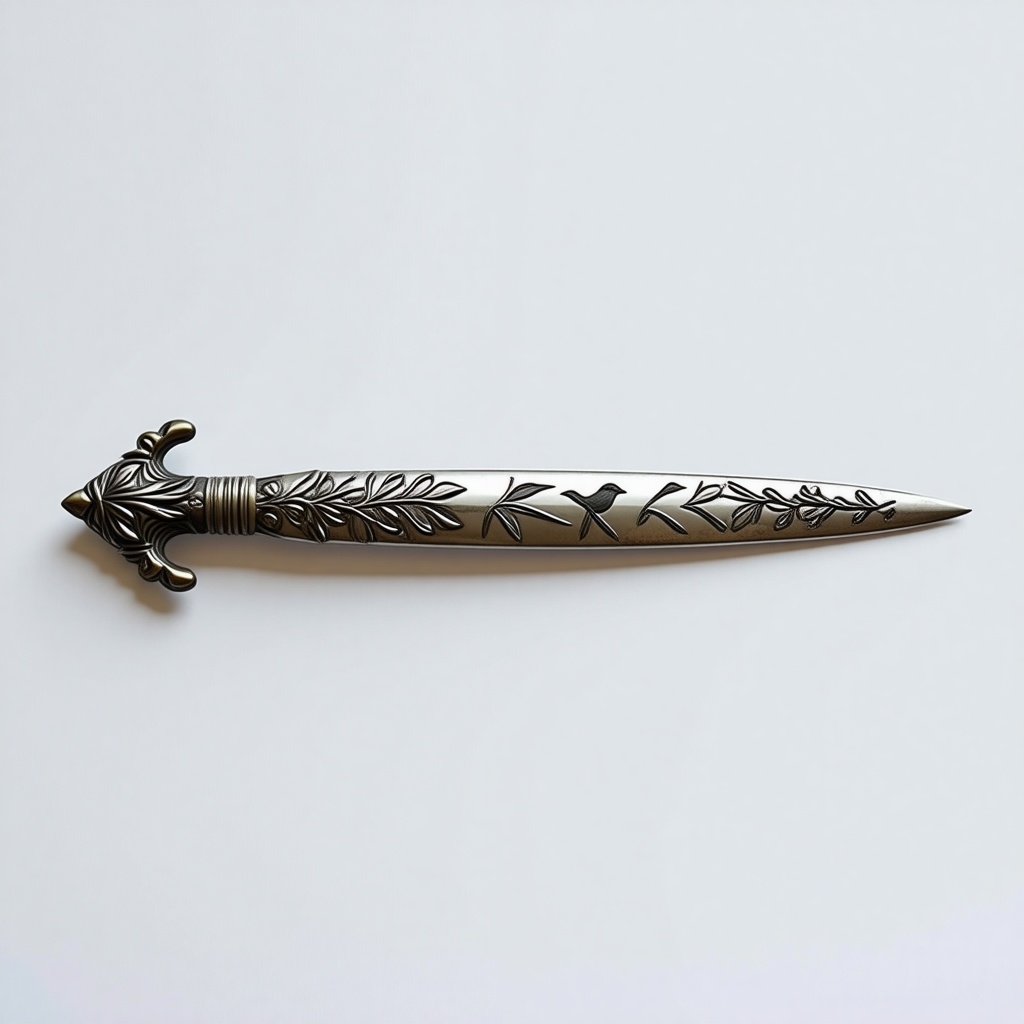 A silver spear with etchings of plants and birds on it