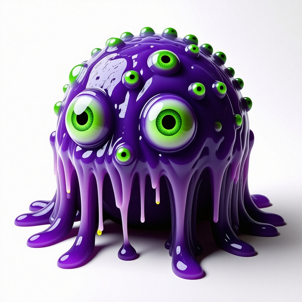 A purple slime monster with 17 green eyeballs stuck to the surface of its slimy body.