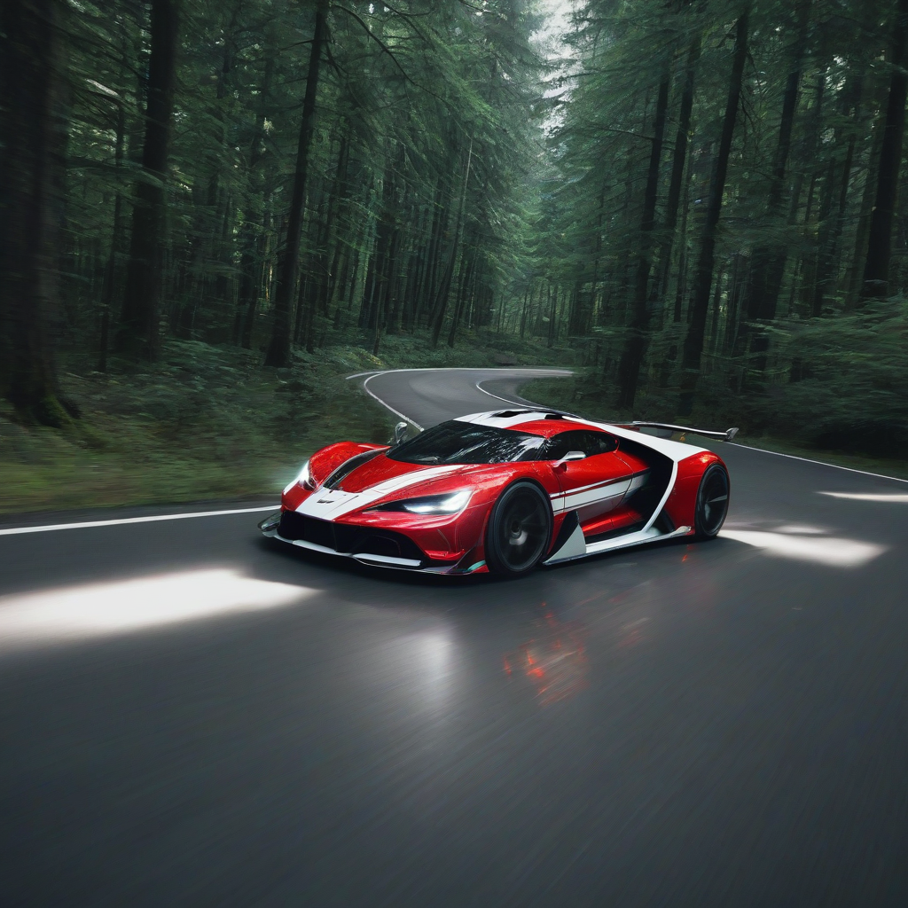 High tech futuristic racecar, red color with two white racer stripes on the hood, glowing tire rims, sleek design, driving on a road in a forest