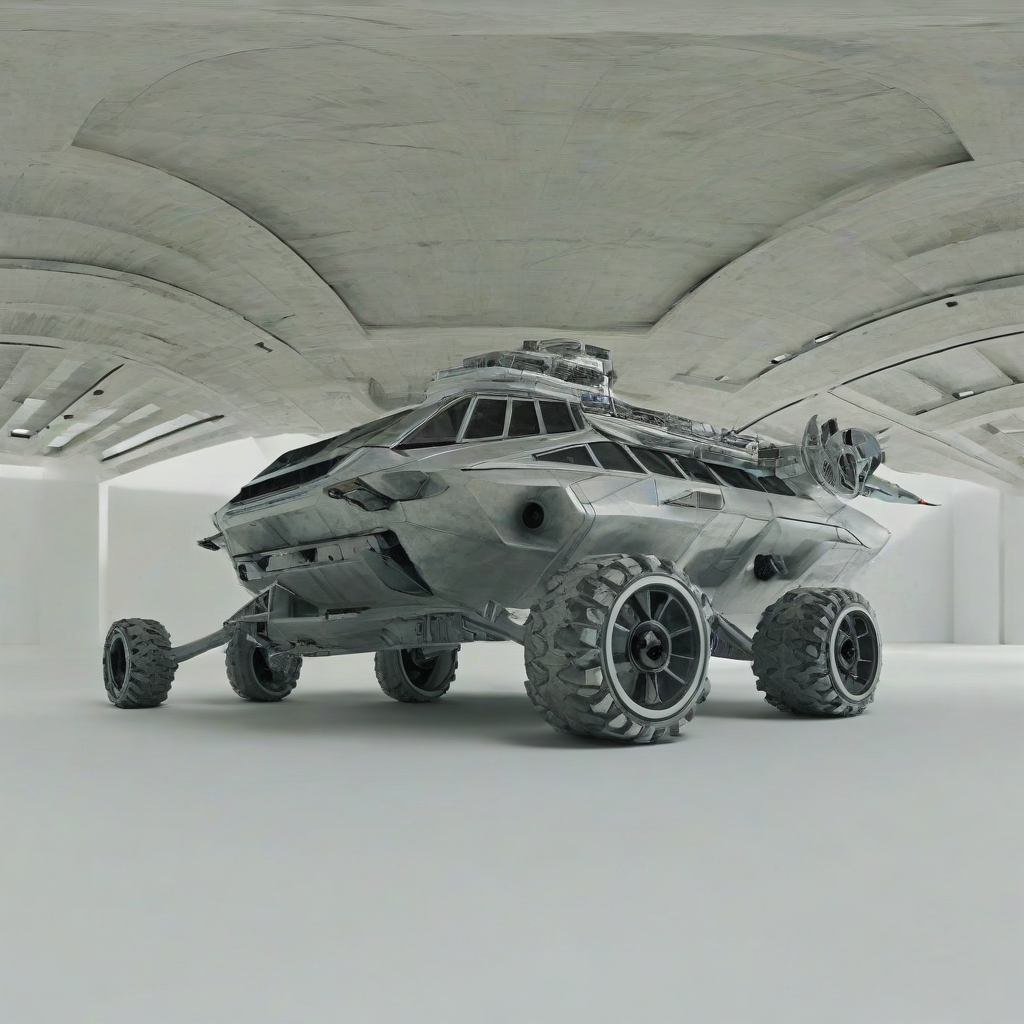 A silver rover with a brutalist architectural style, featuring sharp edges and a geometric shape, set against a plain white background, with a wide shot and the rover's wheels and body fully visible, in a digital art style with a mix of 3D rendering and abstract textures, with a focus on dynamic shadows and a sense of industrial futurism, on a plain white background, even lighting