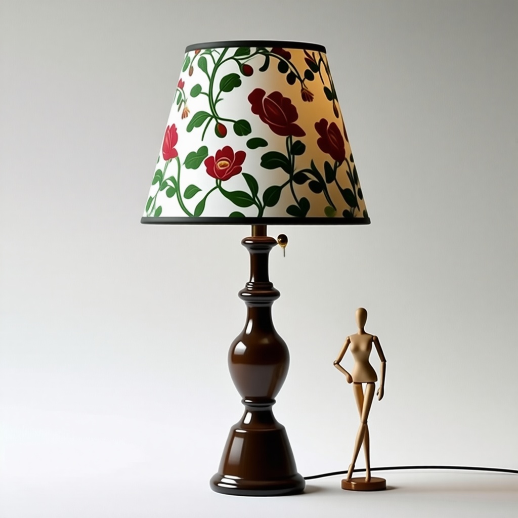 A lamp with a floral patterned lampshade. There is a tiny mannequin about half the size of the lamp leaning against the lamp in a casual position