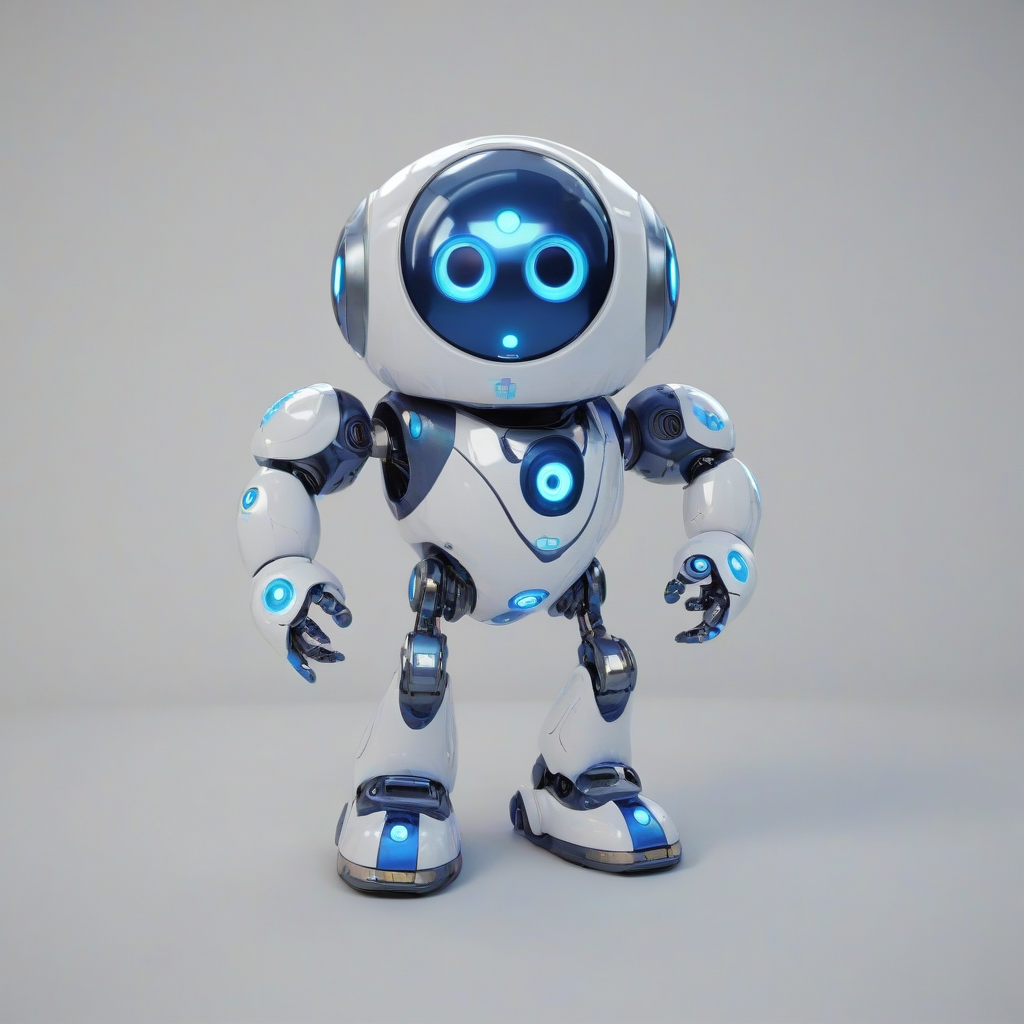 A cute, small, shiny, blue and white video game robot with a round body, big round eyes, and a smiling face, standing in a full-body view with its feet visible, on a plain white background, in a digital art style with bold lines and bright colors, with a wide-angle shot and soft lighting, on a plain white background, even lighting, on a plain white background, even lighting 