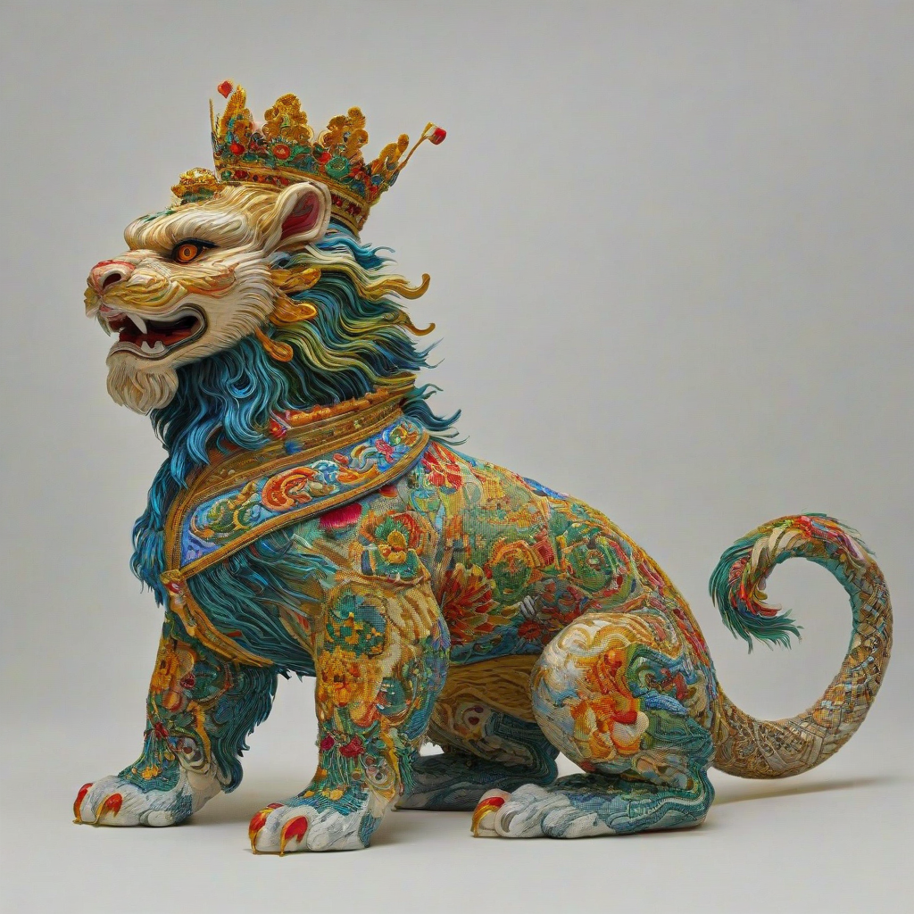 A full-body view of a Chinese guardian lion, in the style of cross-stitch embroidery, with vibrant colors and intricate details, set against a plain white background, with a wide shot and dynamic lighting, and a mix of satin and full stitches, with an ornate golden crown and a majestic expression, on a plain white background, even lighting