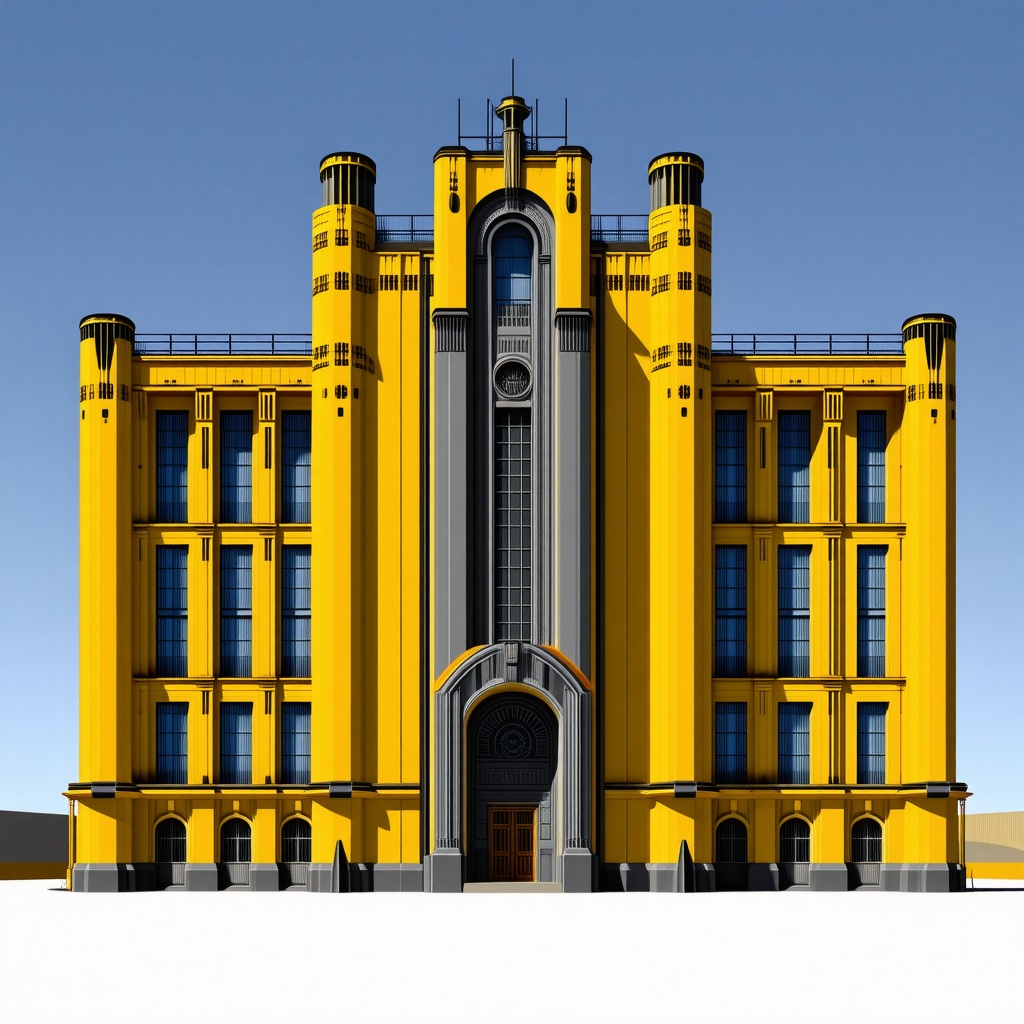 A large, imposing building in the style of Dieselpunk architecture, with a predominantly yellow color scheme, featuring intricate metallic details and a blend of industrial and art deco elements, set against a plain white background, in a wide shot with the entire building visible, including its foundation and surroundings, under a bright, sunny sky with no clouds, with a sense of grandeur and nostalgia, in a digital art style with clean lines and vibrant colors