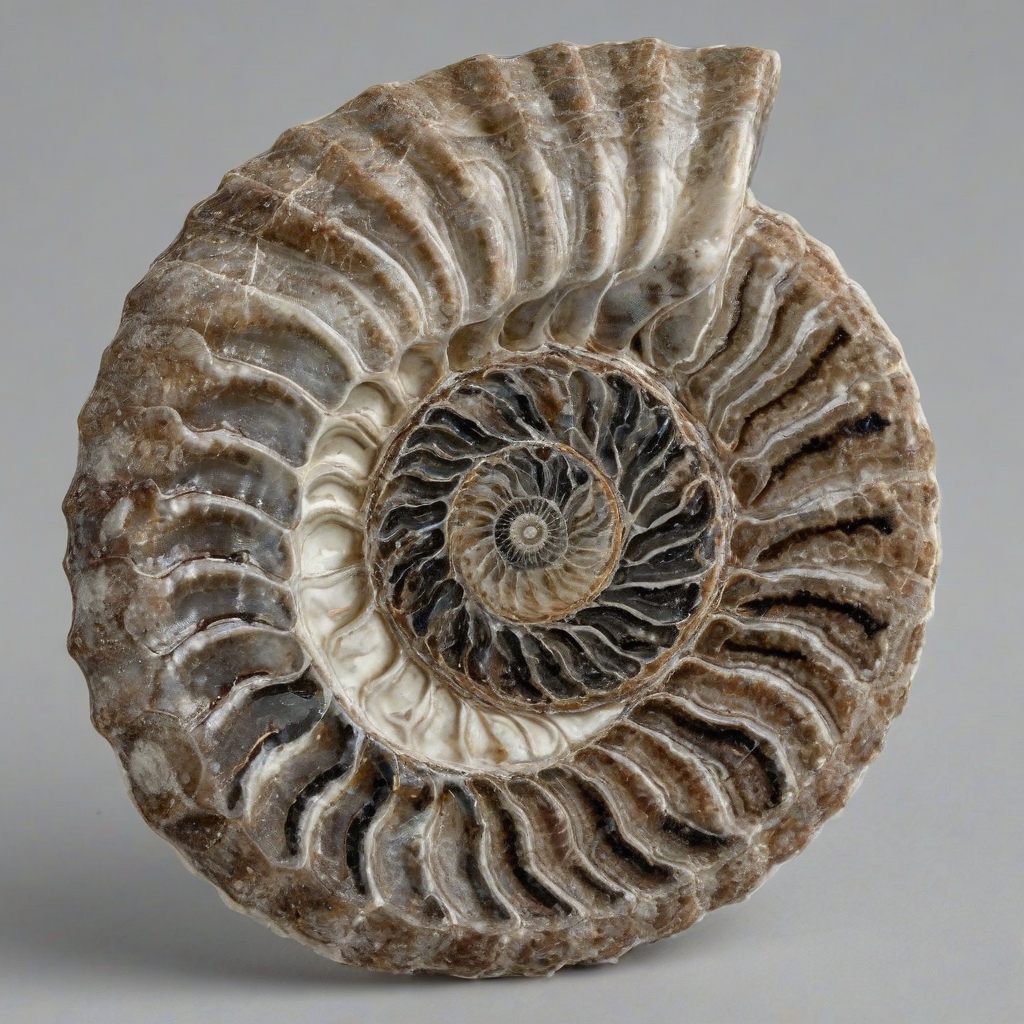 Ammonite, on a plain white background, even lighting