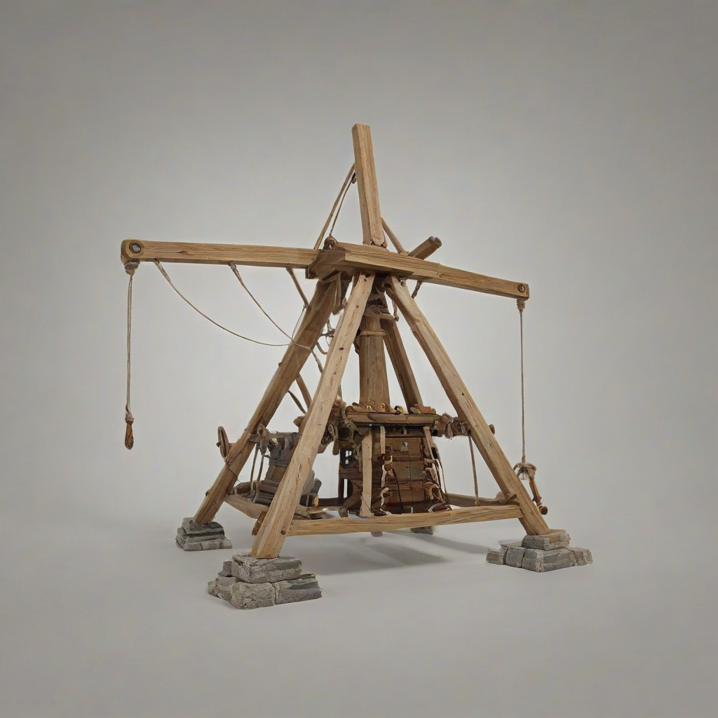 D & D style trebuchet, made out of stone and wood, on a plain white background, even lighting