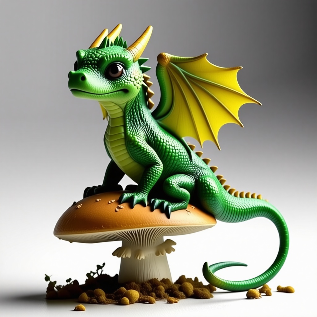 small green dragon sitting on a mushroom