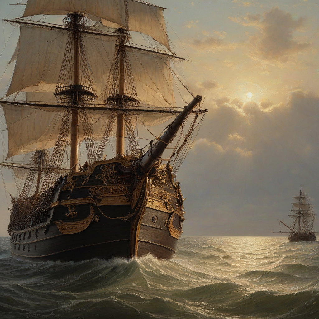 A detailed, realistic pirate ship painting, in the style of a 19th-century oil painting, with a wide shot, full-body view of the ship, with warm, golden lighting, and dynamic shadows, with the ship's sails and rigging intricately detailed