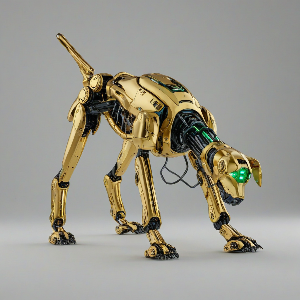A gold robotic dog, full-body view, sci-fi style, on a plain white background, with a green tint