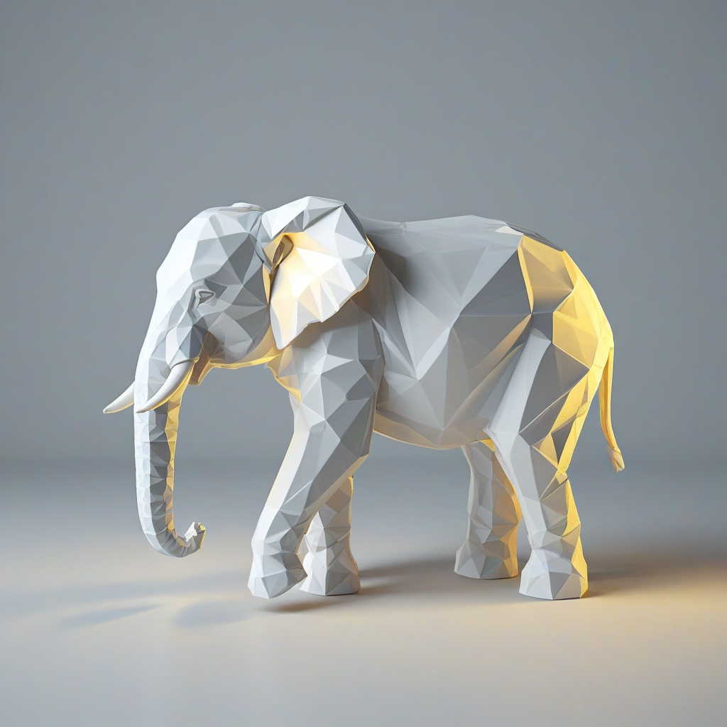 Cutout, low poly, lit up, white, elephant shape, on a plain white background, even lighting