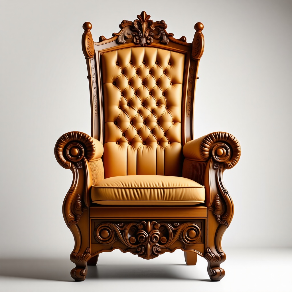 A intricately carved, tan, wooden throne with a high back and cushioned seat, in a wide shot, full-body view, with feet visible, on a plain white background, in the style of fantasy illustration, with dynamic shadows and a warm, golden backlight