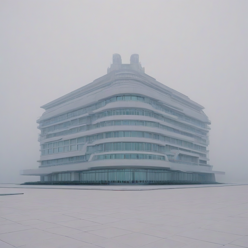 A large, futuristic building with a gray and sleek exterior, surrounded by a misty atmosphere, in a wide shot with the entire building visible, on a plain white background, in the style of vaporwave with pastel colors and a sense of nostalgia, full-body view of the building with all details visible, including the roof and the foundation, with a subtle glow effect to enhance the vaporwave aesthetic