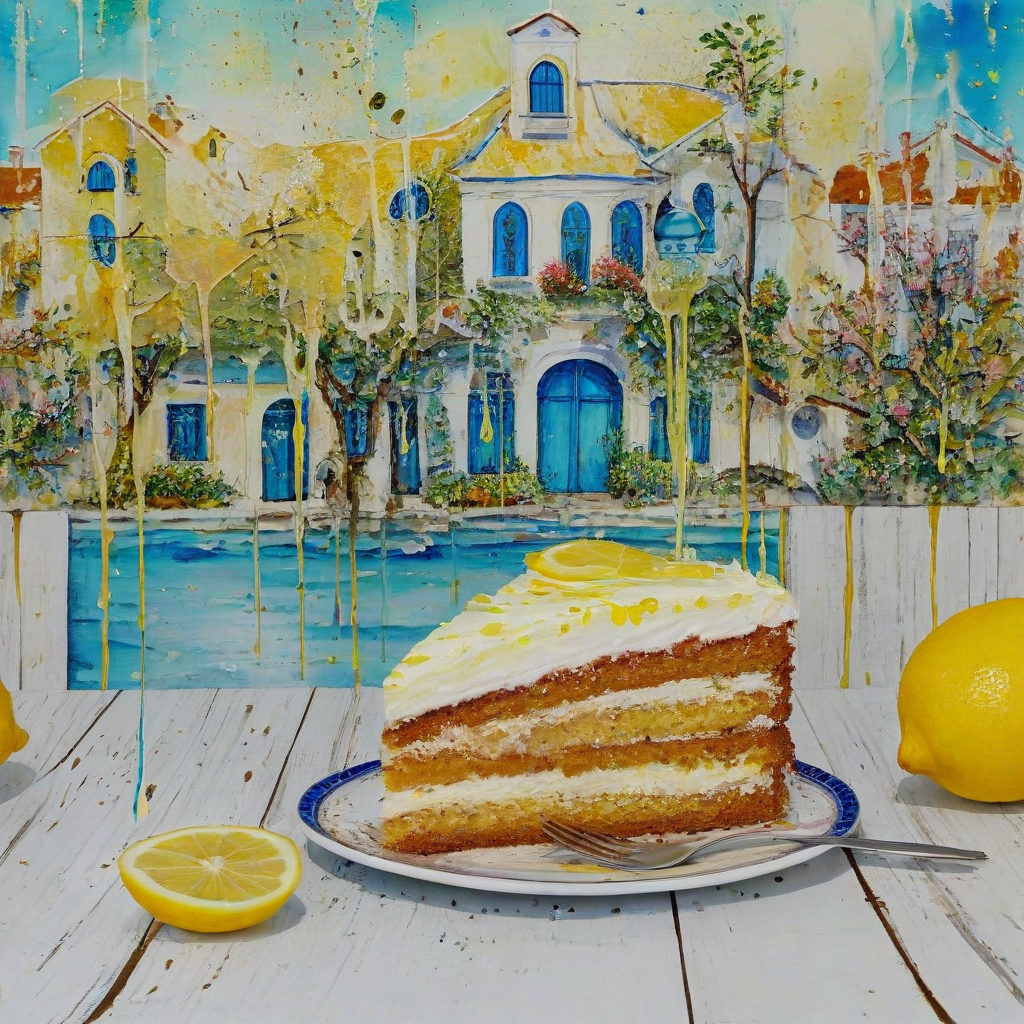 Alcohol ink and oil painting on beige textured canvas, metallic rainbow foil details. A close-up view of a delicious slice of dripping lemon cake in many layers. Placed on a white wooden table. A glass of lemonade behind the cake. Metallic white and cyan blue splashes. Bg of a mediterranian white village with blue roofs lush lemon trees. Style by Debbie Mumm.