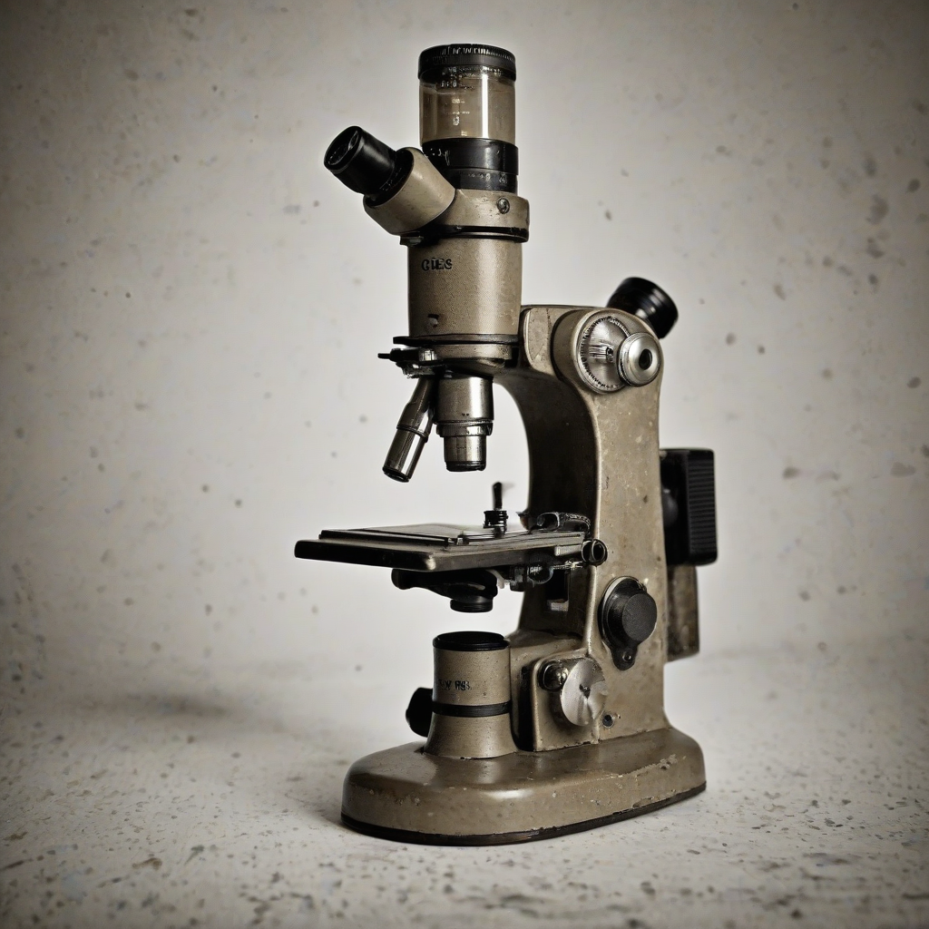A vintage, khaki-colored microscope, with a grunge aesthetic, featuring worn, metallic accents and a distressed finish, on a plain white background, in a wide shot with the entire microscope visible, including the base and stage, with a shallow depth of field to emphasize the textures and details of the equipment, in the style of a high-contrast, black and white photograph, on a plain white background, even lighting 