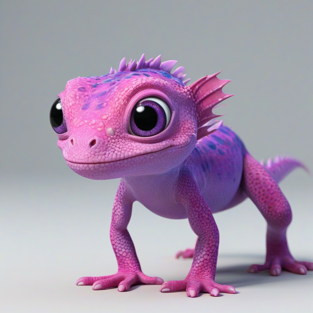 3d cartoon animation, one animal that has a mix of a baby gecko and a baby dragon, bright pink and purple colors and vivid colors, large eyes, short body, round features, tiny nose, tiny feet, cute, happy expression on its face, only one in the shot, full body visible, on a plain white background, even lighting