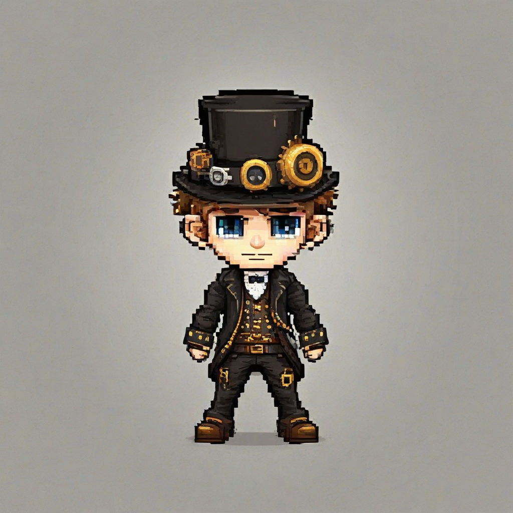 chibi, pixel art style, steampunk boy wearing a top hat, on a plain white background, even lighting