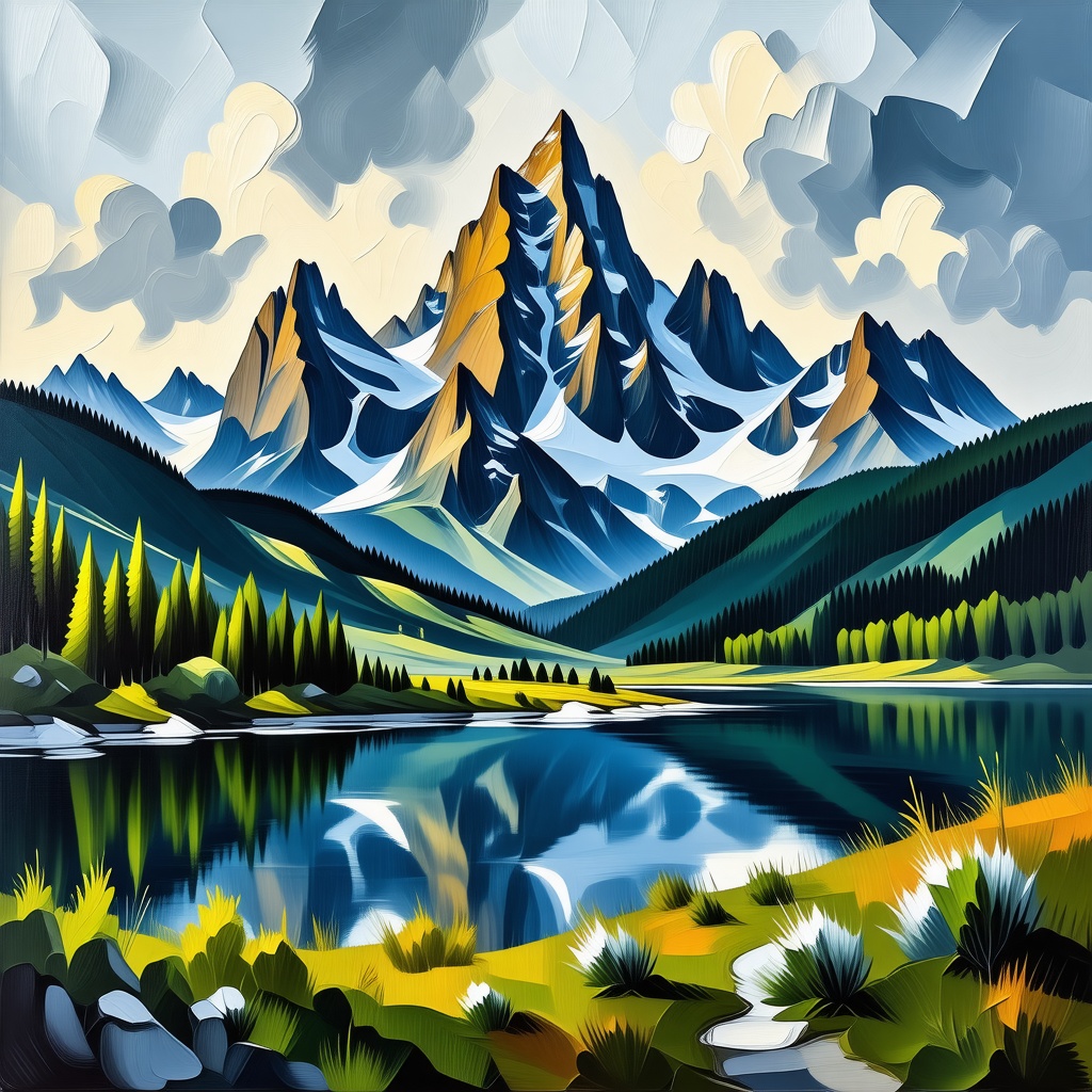 A Van Gogh style oil painting of a mountain landscape