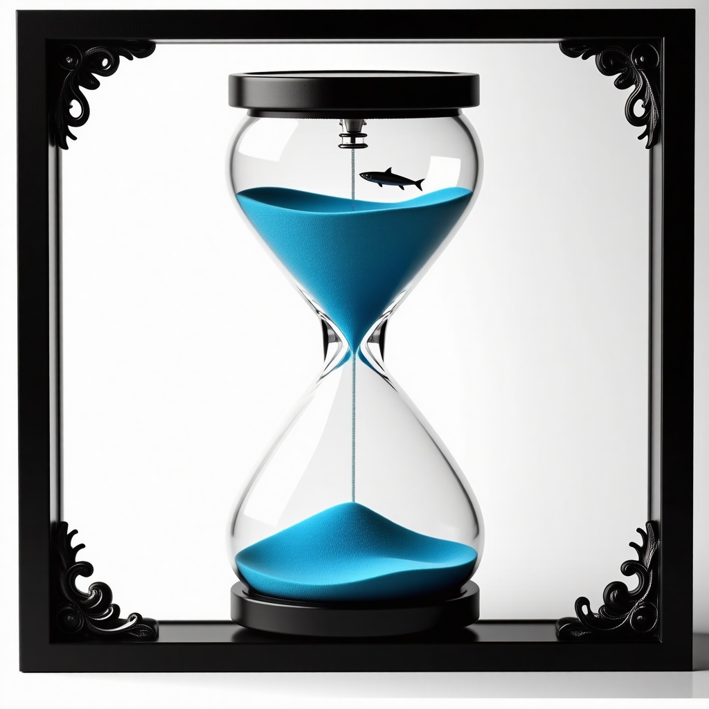 An hourglass with half of the sand in the top and half in the bottom. The sand is actually blue ocean water with tiny tiny little fish in it. The hourglass is in a black frame with nautical themed serpents and octopi engraved into the frame.
