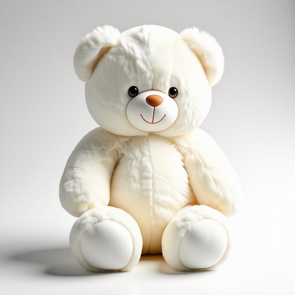 A cute, full-body view of a stuffed animal, a teddy bear with a soft, fluffy texture, white fur, and a sweet expression, sitting on a plain white background, with a wide-angle shot, and a warm, cozy lighting, in a digital art style