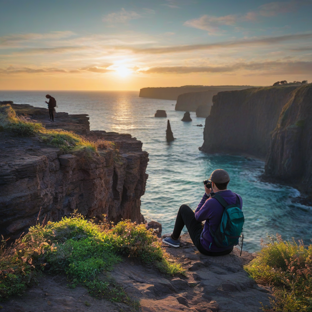 A serene oceanside cliff of basalt columns in bokeh photography style, using only the colors orange, purple, teal, and green, with the sky visible and a subtle gradient of colors to give a sense of depth, a person sitting peacefully on the edge of the cliff, taking a photo of the sunrise with a camera