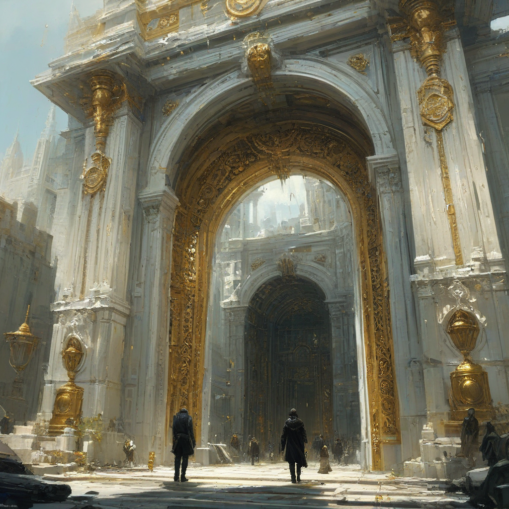 Digital art of something unlocked, include a giant open gateway and a scene bustling with details, accent white and gold colors, Michael Whelan and Jeremy Mann influenced art styles