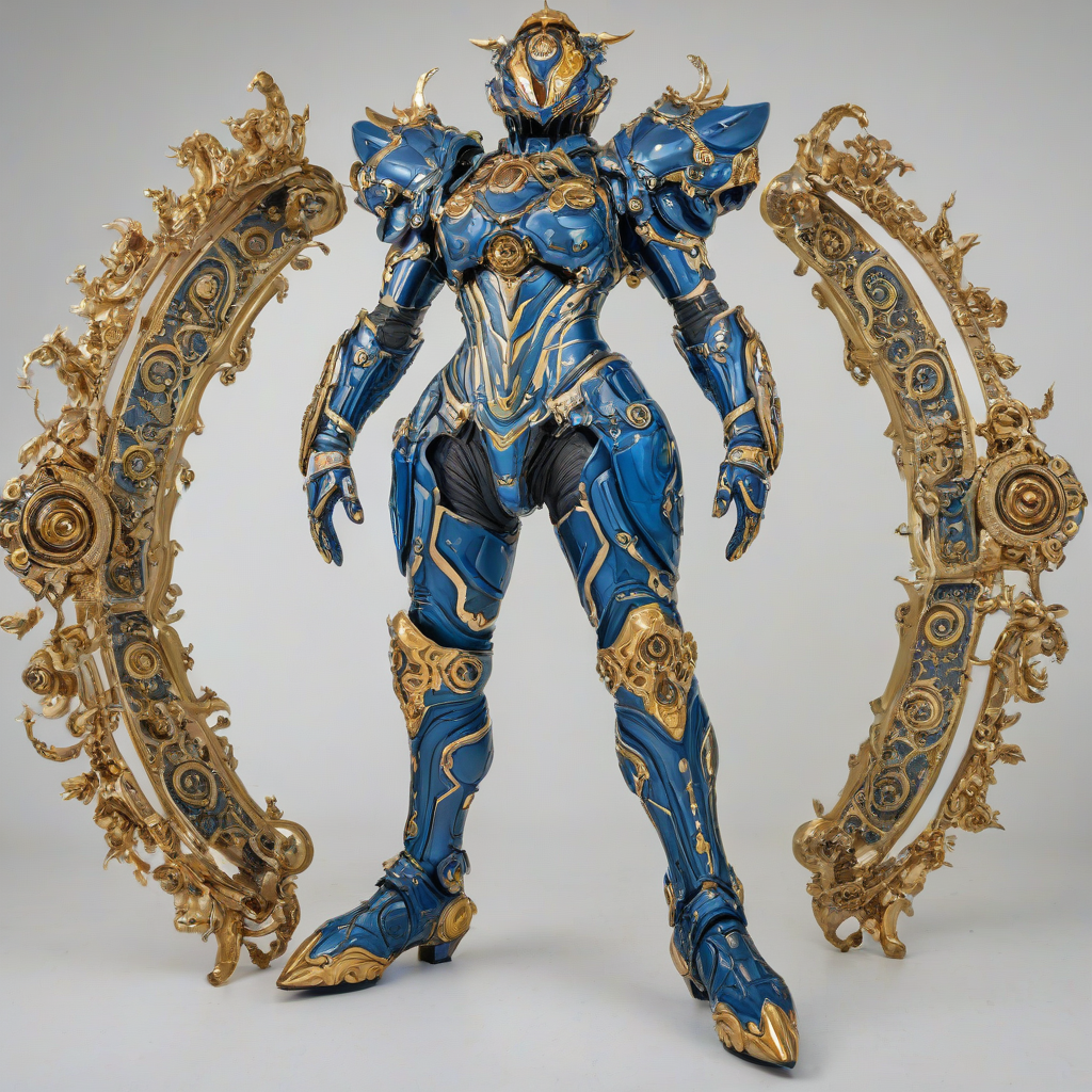 A full-body view of a highly detailed, Steel Blue, Rococo style mech suit, with intricate gold accents and ornate filigree, set against a plain white background, with a wide-angle shot and dynamic lighting, showcasing the suit's complex mechanical components and elegant design, on a plain white background, even lighting 