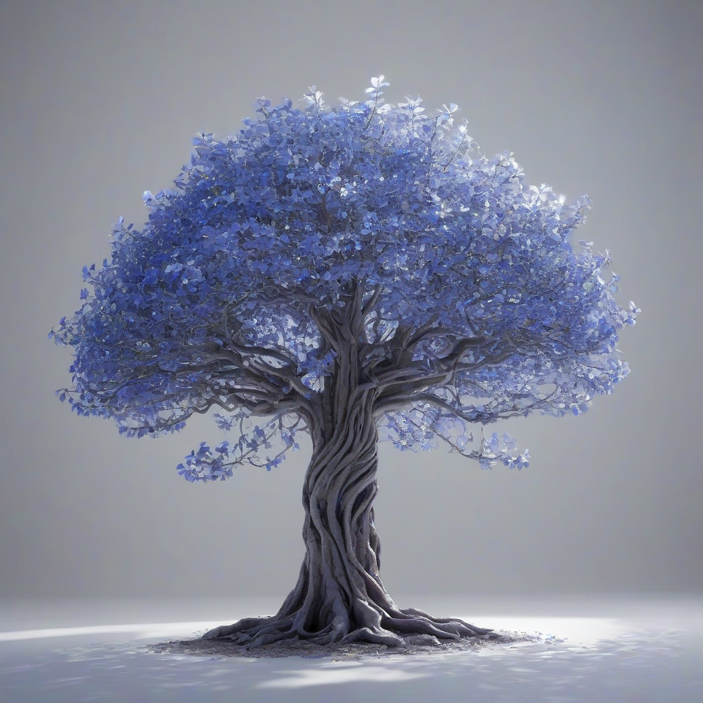 A majestic, full-body view of an enchanted tree with a periwinkle hue, set against a plain white background, with intricate, glowing sci-fi details and a sense of mysticism, in a wide-angle shot with dynamic shadows and a soft, ethereal backlight