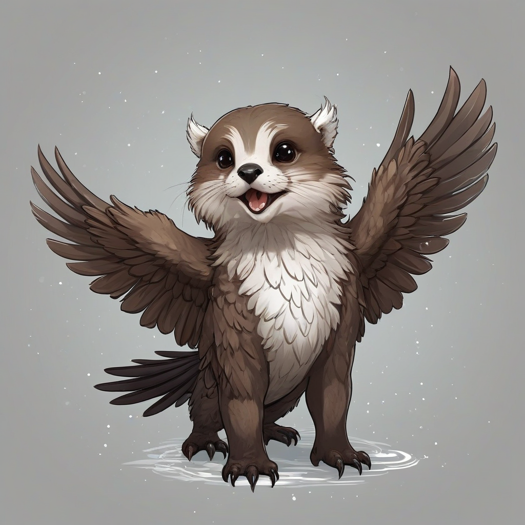 Digital anime art style super cute otter and eagle hybrid animal, it has four legs and a tail like an otter, but feathers and wings like an eagle