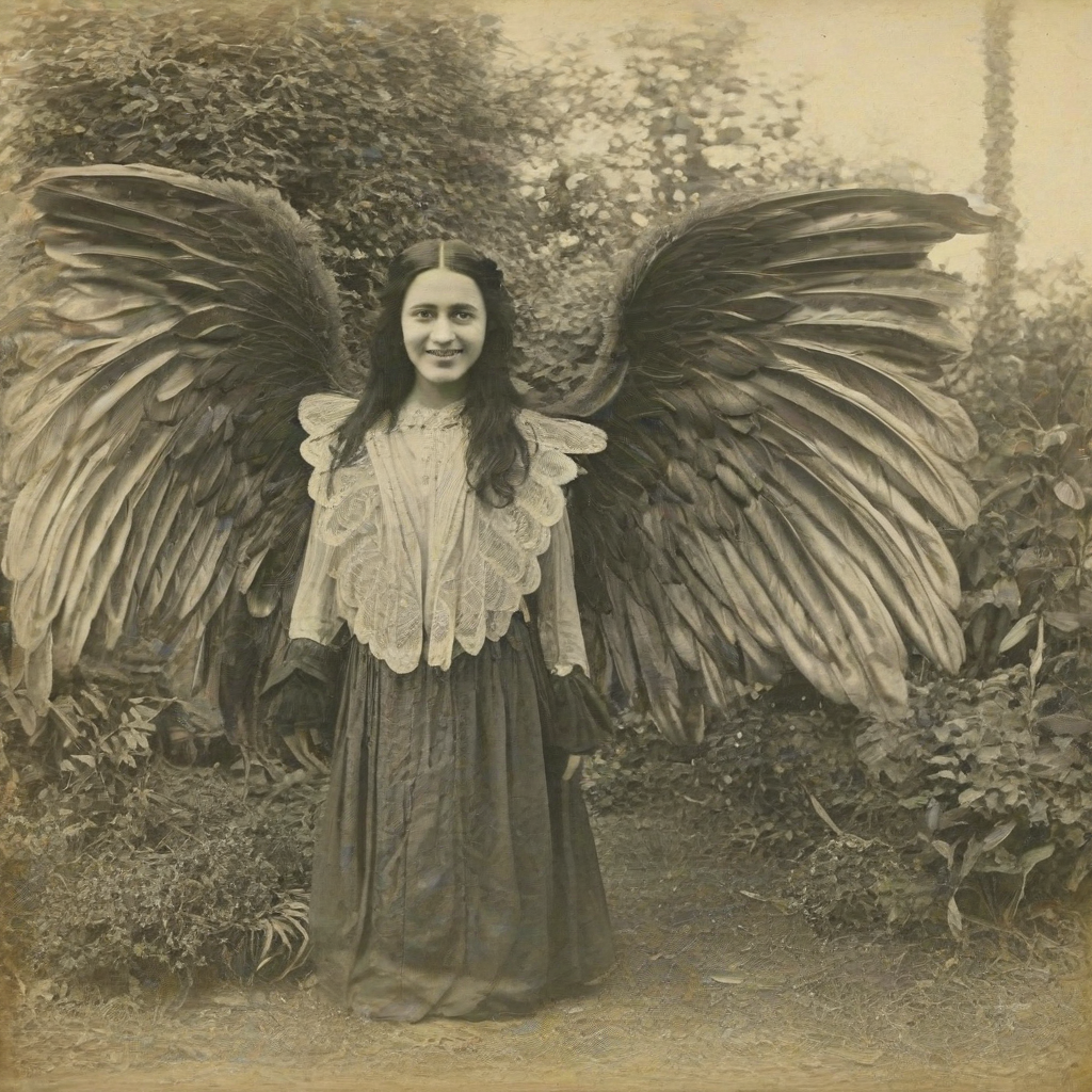 An old and distorted photograph of a woman with silky black hair and large eyes and large realistic angel wings growing from her back, she is smiling slightly as she poses for the photograph, the quality of the image is grainy and some parts of the image have black spots from damage, the background is a peaceful garden, the woman is wearing Victorian era clothing