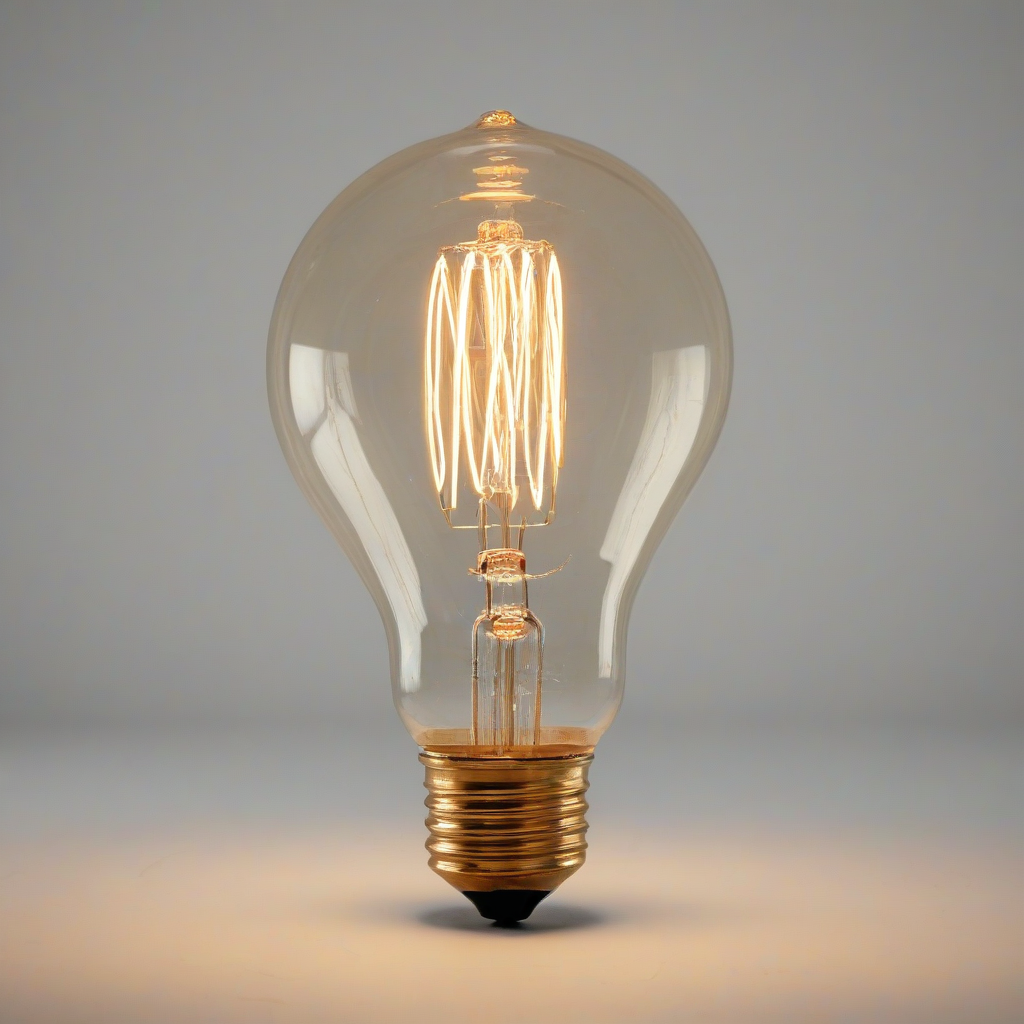 A highly detailed, photorealistic, full-body view of a lit up Edison style light bulb, with a warm golden glow, set against a plain white background, with a wide-angle shot, and a soft focus on the filament, in the style of a vintage photograph, on a plain white background, even lighting 