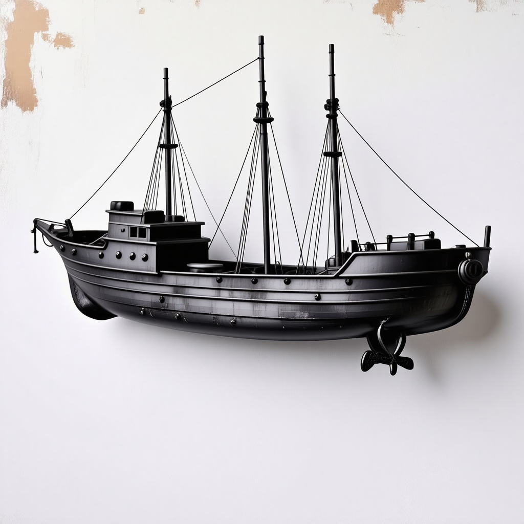 A silver ship with a grunge aesthetic, full-body view, wide shot, with visible anchors and ropes, on a plain white background, with a distressed and worn texture, and a dark, muted color palette