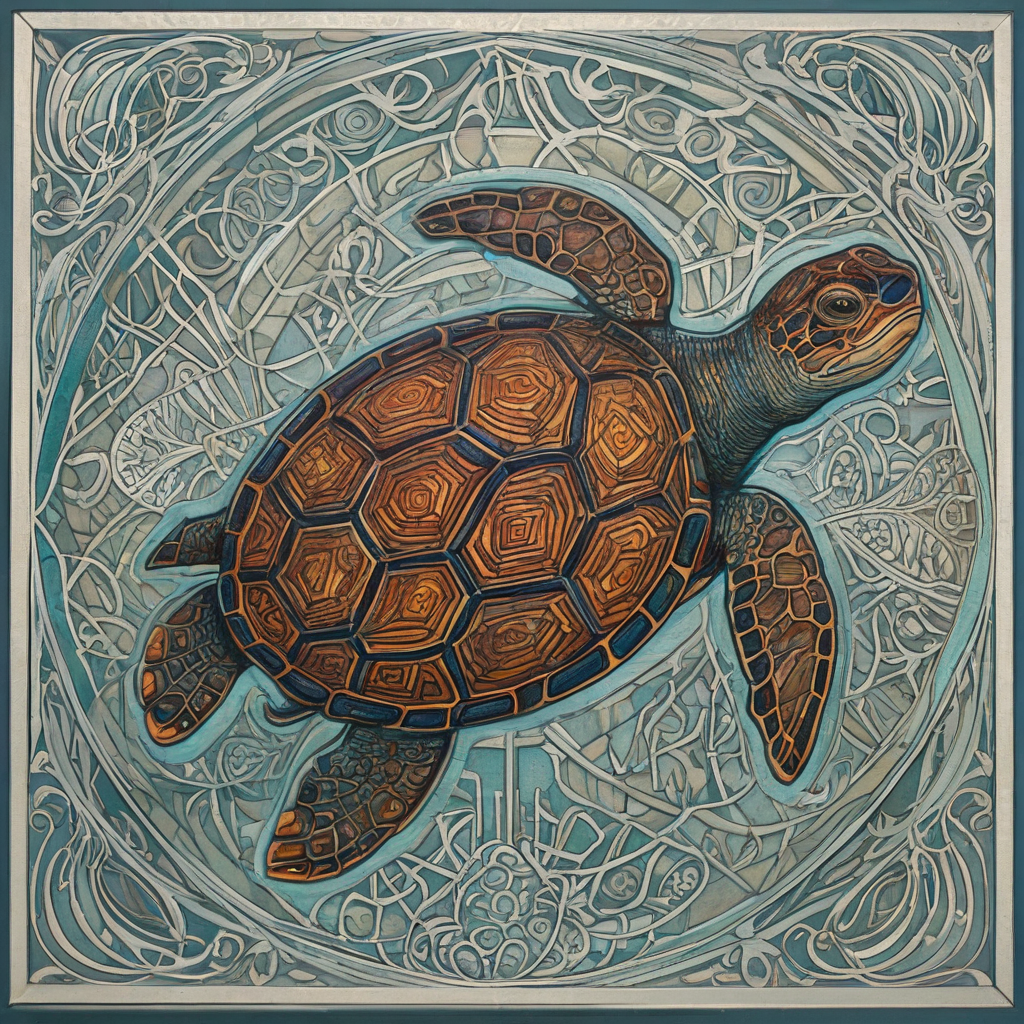 A clear glass turtle in the style of Sam Guay, with intricate patterns and minimalist colors