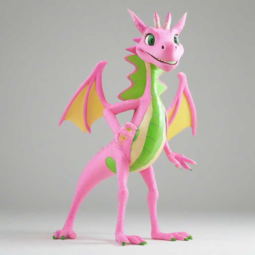 A vibrant, full-body view, wide shot, pop art style, light pink dragon with bright green eyes, standing on a plain white background, with dynamic shadows and a hard rim light, in a fun and playful pose, with bold black outlines and colorful textures, feet visible