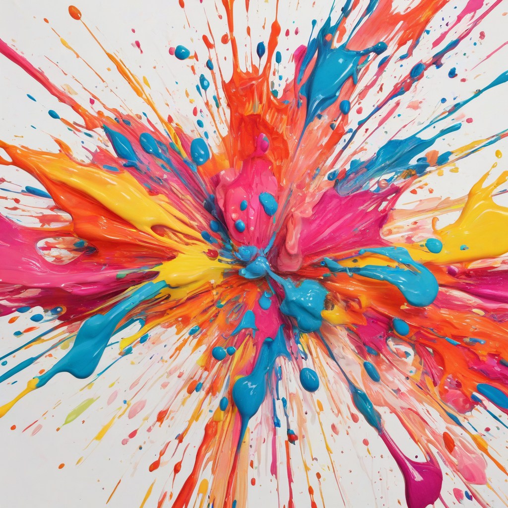 A vibrant splash of colorful paint on a plain white background, with visible brush strokes and texture, in a wide shot with the entire splash visible, digital art style with bold and bright colors