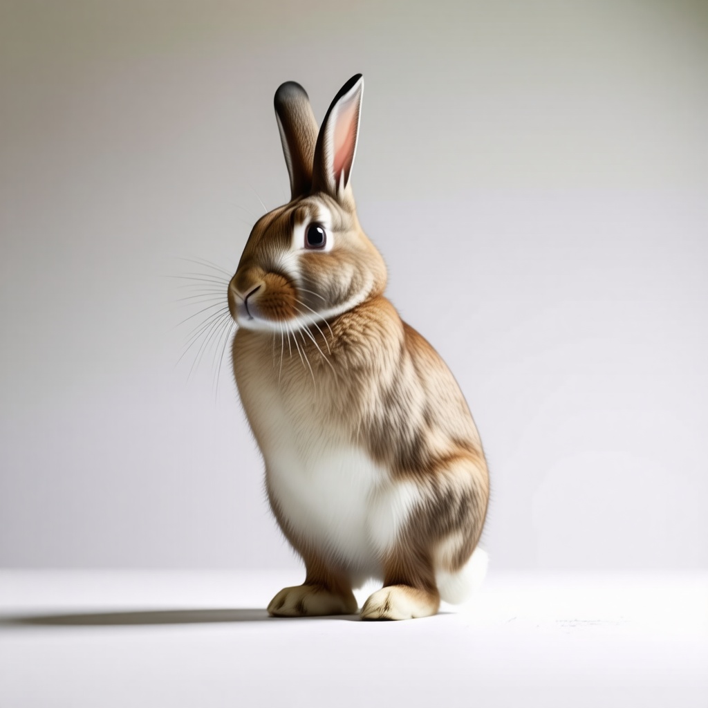 A light brown rabbit standing up on its hind legs, perked up and looking ahead
