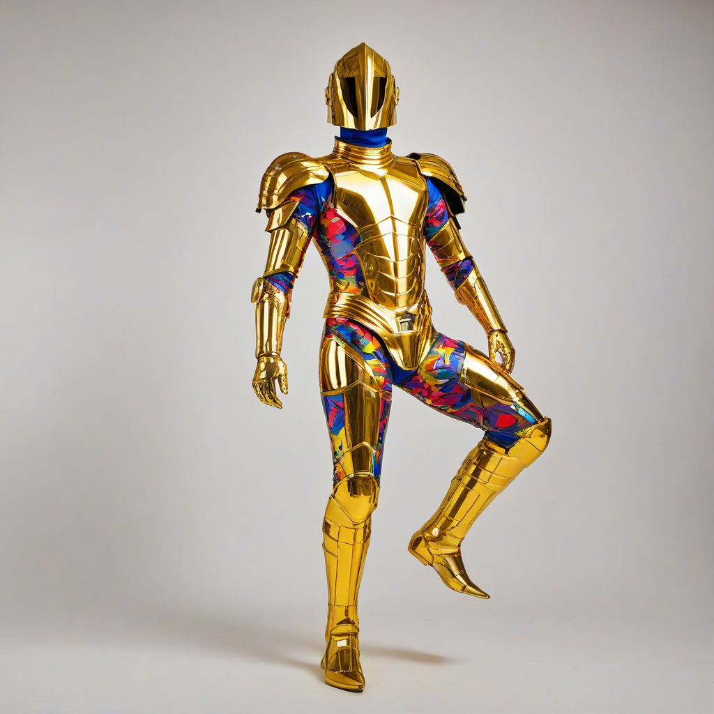 A vibrant, gold piece of armor, in the style of pop art, with bold lines, bright colors, and a dynamic composition, full-body view from head to feet, on a plain white background, with a wide-angle shot, and dramatic lighting.