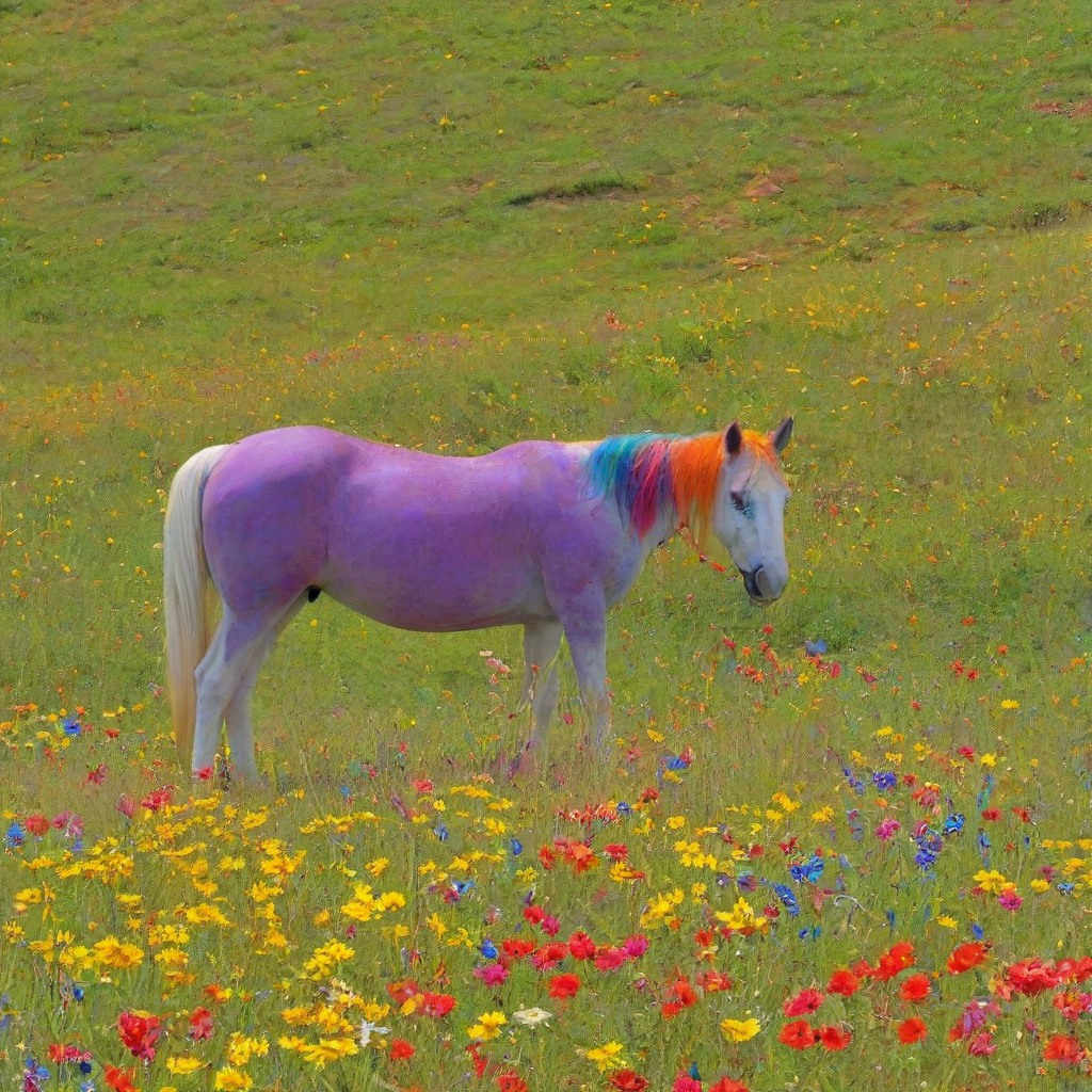 A horse with a full-body view, where every part of its body has every color of the rainbow, including red, orange, yellow, green, blue, indigo, and violet,  standing in a lush green meadow  under a bright sunny sky with no clouds, with the horse's feet visible and the meadow's flowers and grasses in a vibrant, multicolored palette, in a digital art style with bold brushstrokes and textures, with a sense of movement and energy