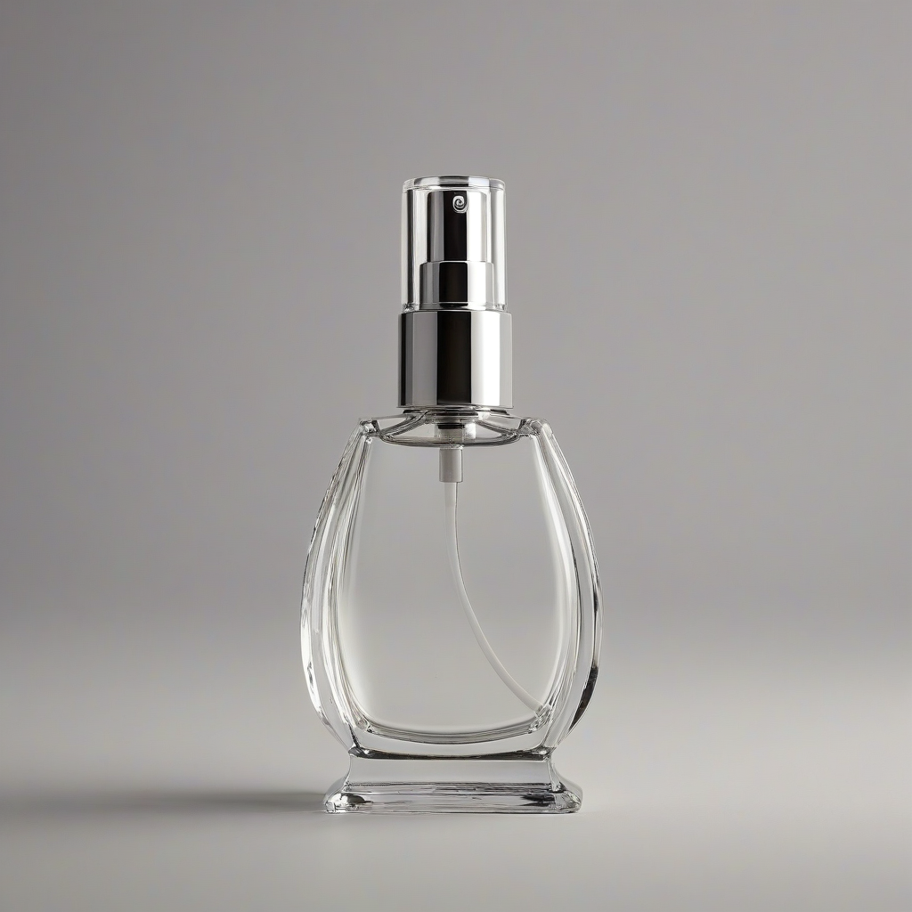 A beautiful, elegant perfume spray bottle with a silver pump sprayer, sitting on a plain white background, in a wide shot with the entire bottle visible, including the base and the top of the sprayer, with soft, warm lighting and a slight reflection on the bottle's surface, in a photorealistic style, on a plain white background, even lighting 