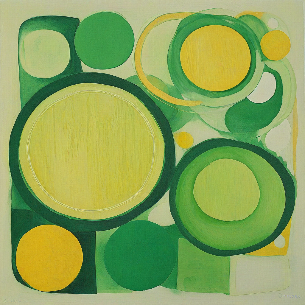 Abstract art with large circles, organic shapes, and squares, featuring bold gradient colors of yellow and green