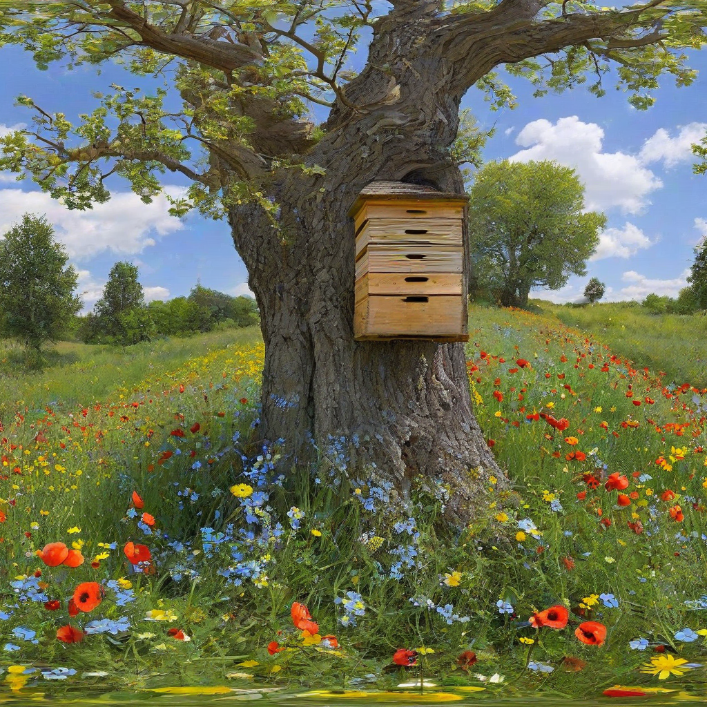 A large, intricately detailed beehive attached to a thick, gnarled tree branch in a vibrant meadow filled with a variety of colorful flowers, such as red poppies, yellow daisies, and blue forget-me-nots, under a clear blue sky with a few puffy white clouds, in a wide shot with the tree and beehive centered, and the tree is cover in leaves
