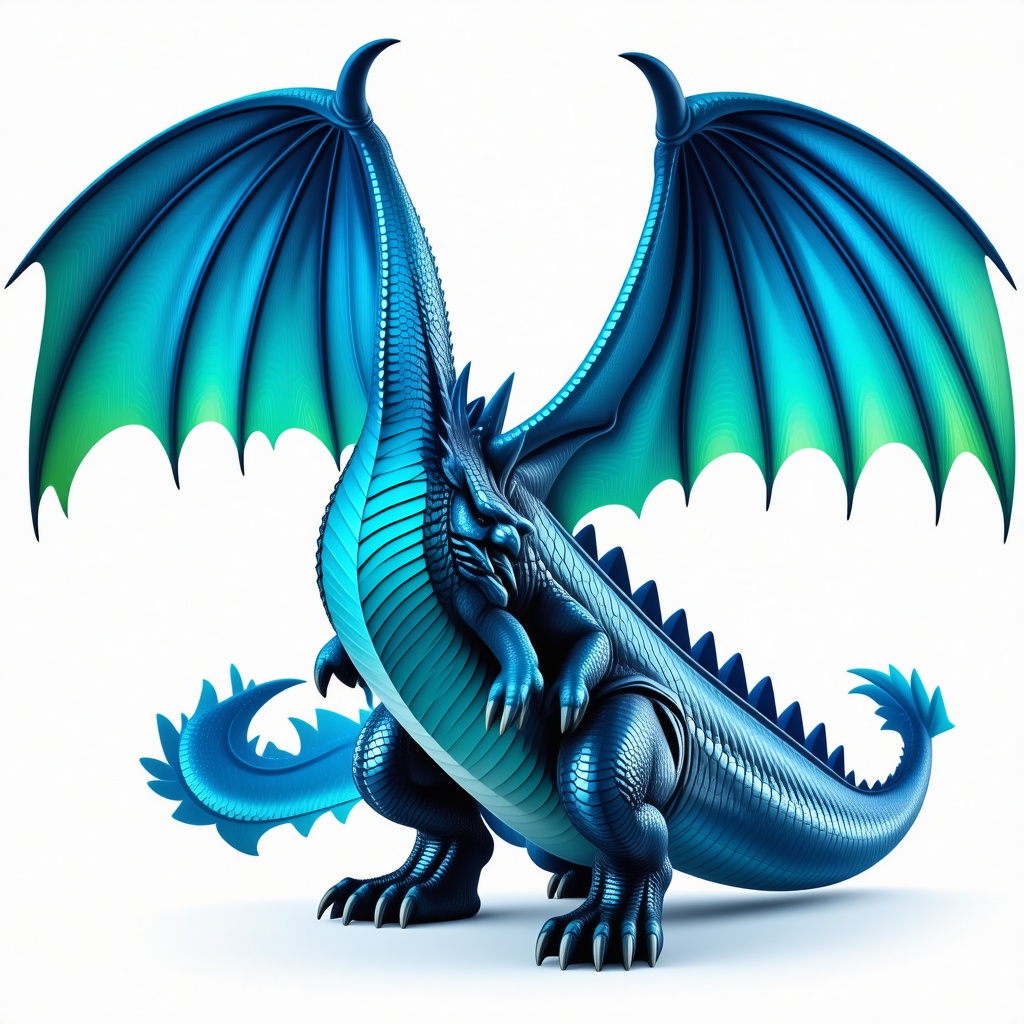 A full-body view of a colorful anime-style dragon, with vibrant blue and green scales, standing on a plain white background, in a wide shot, with its wings spread wide and its claws visible, in a digital art style with bold lines and dynamic shading, with a bright backlight and dynamic shadows