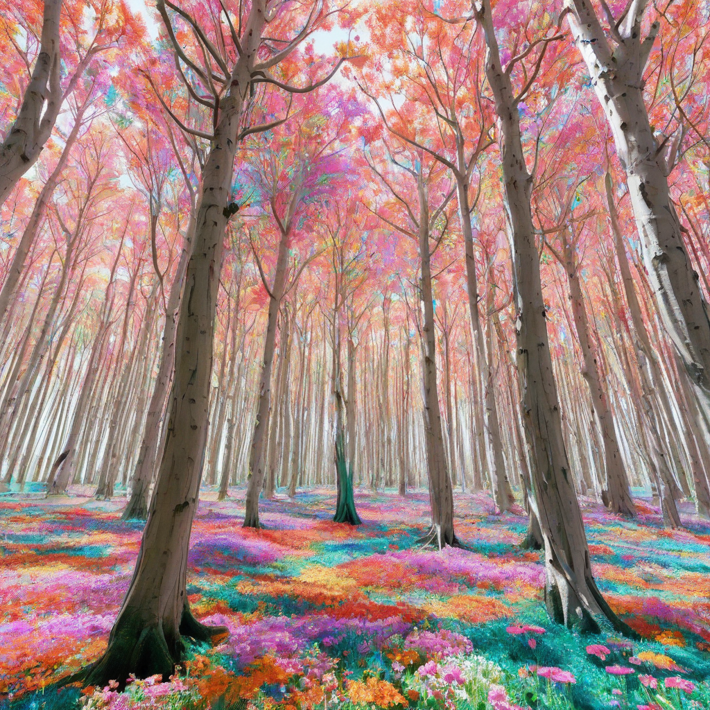 A vibrant, psychedelic forest, full-body view, with towering, glowing trees, and a carpet of neon-colored flowers, set against a plain white background, with dynamic shadows and a wide-angle shot, in the style of a digital illustration