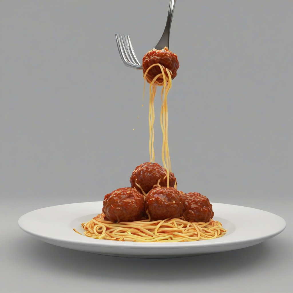 A 3D animated style plate of spaghetti and meatballs, with a full-body view of the dish on a plain white background, featuring vibrant colors and dynamic lighting, in the style of a cartoon or video game, with the spaghetti twirled around a fork and the meatballs sitting on top, steaming hot and freshly cooked, on a plain white background, even lighting 