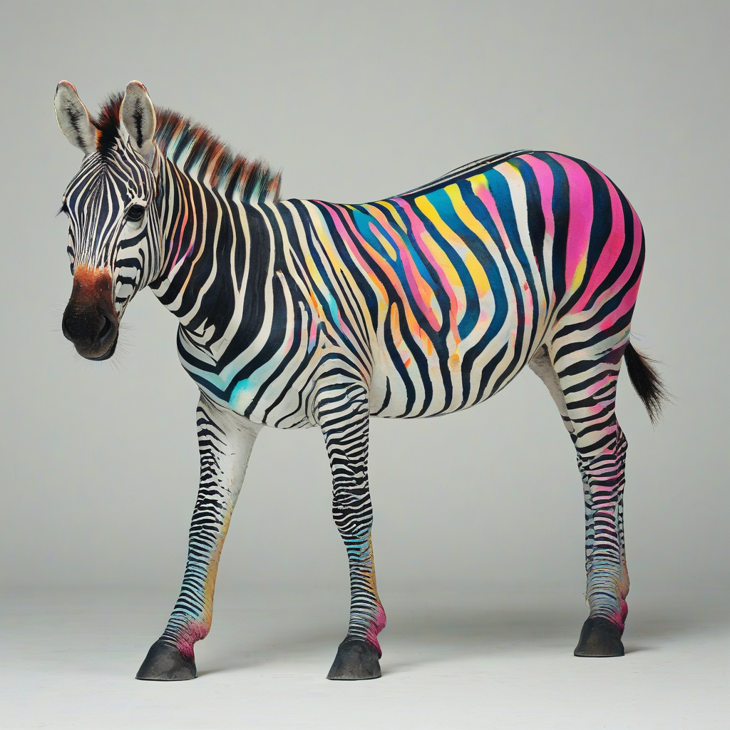 Pop art style zebra, full-body view, on white background, vibrant colors