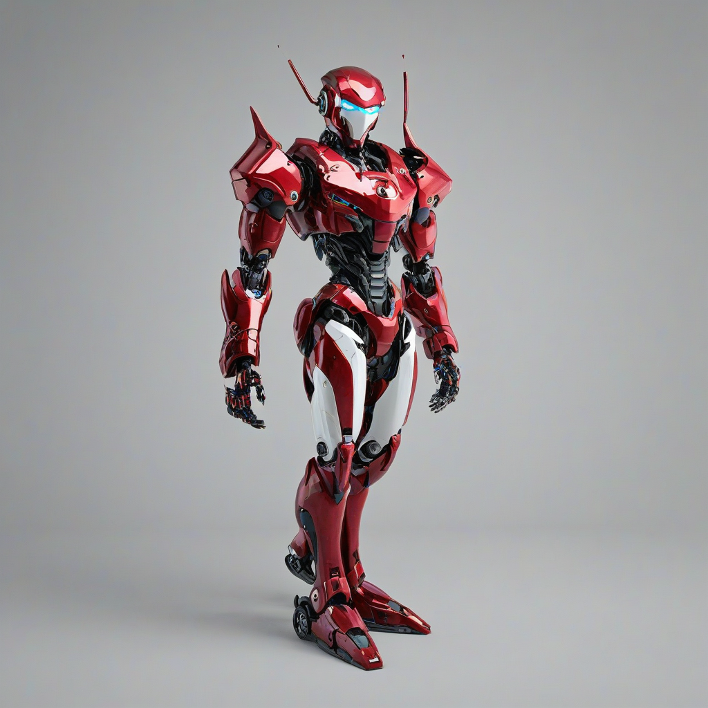 Crimson robot, full-body view, anime style, on white background