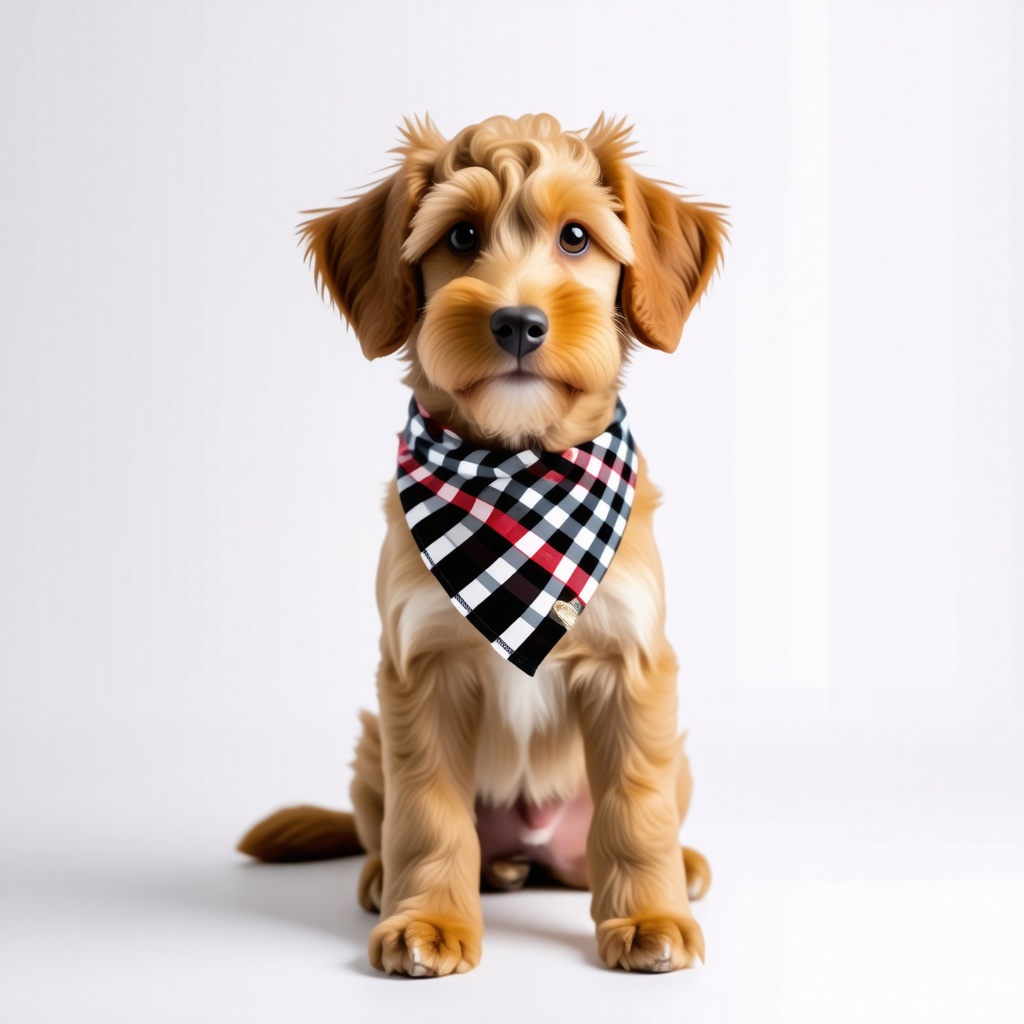 A sitting golden doodle with a flannel bandana around its neck